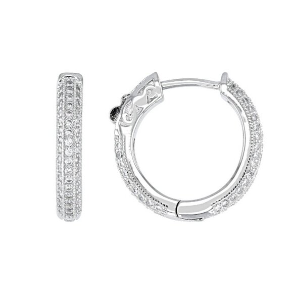 NIB - JTV White Cubic Zirconia Rhodium Over Sterling Silver Hoop Earrings - Picture 1 of 11